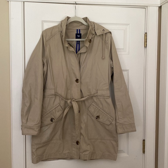 Gap Khaki Trench Coat Large Removable Hood 100% Cotton Preppy - Picture 13 of 15